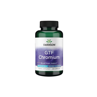 A green bottle of Swanson GTF Chromium featuring ChromeMate, 100 mcg, 200 capsules, labeled as a dietary supplement for blood sugar support.